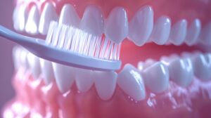 AI generated closeup of a white toothbrush in a clean set of dentures